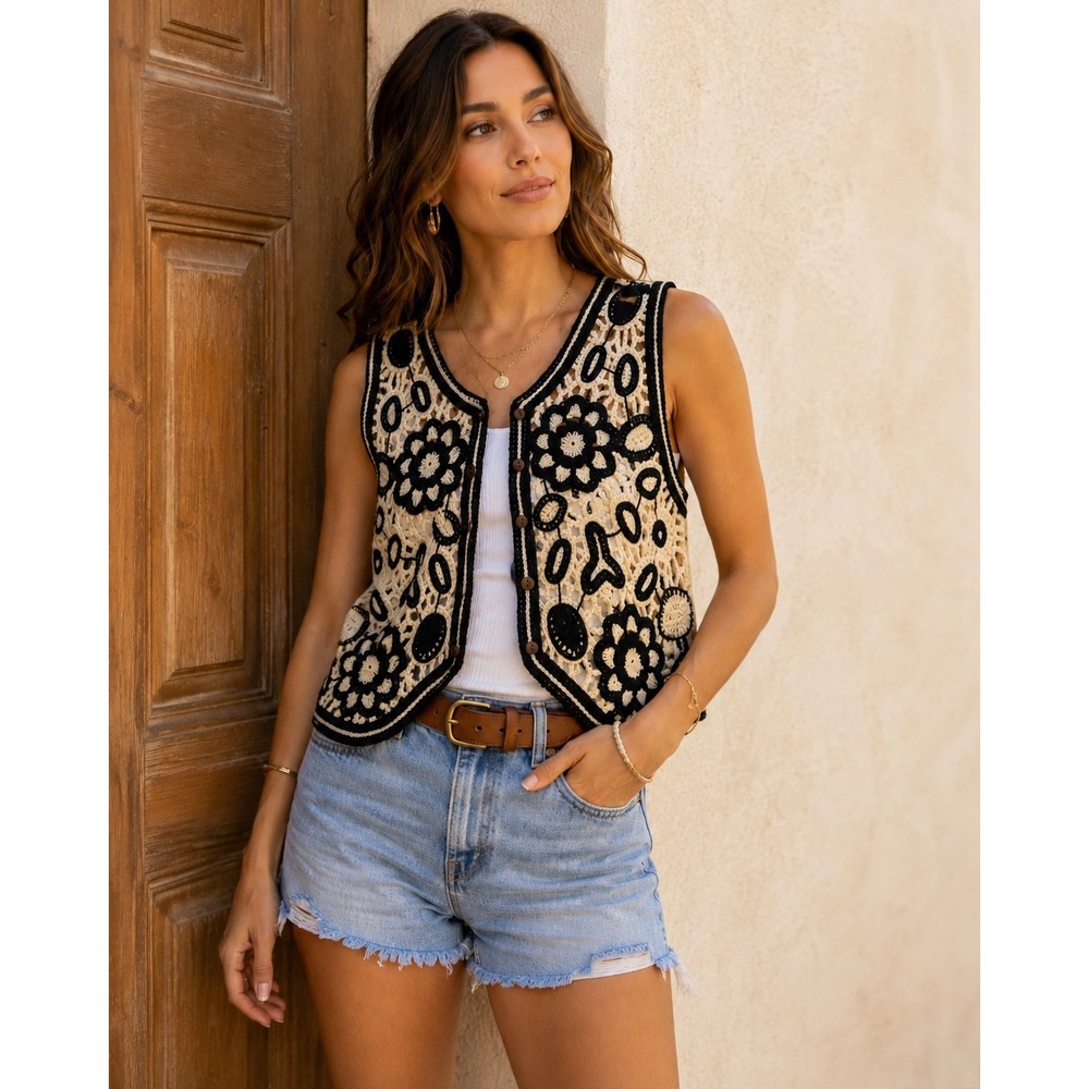 Boho Crochet Floral Vest Cottagecore Festival Retro Ivory Whimsygoth Sz S